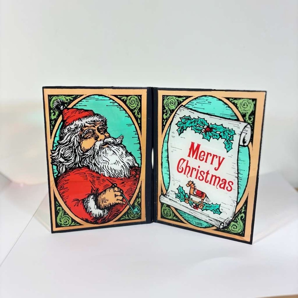 Vintage 1978 W. Berrie Art Glass Folding Suncatcher Santa , Christmas